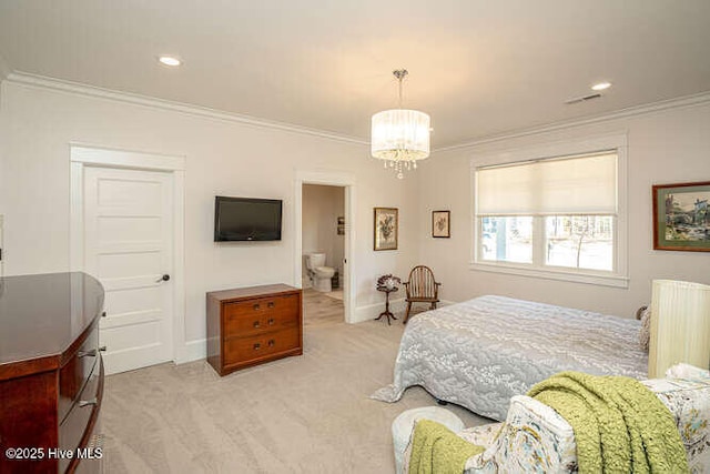 bedroom with a chandelier, crown molding, and light colored carpet