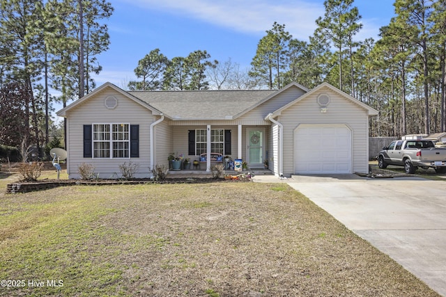 ranch-style house with a porch, an attached garage, concrete driveway, roof with shingles, and a front lawn