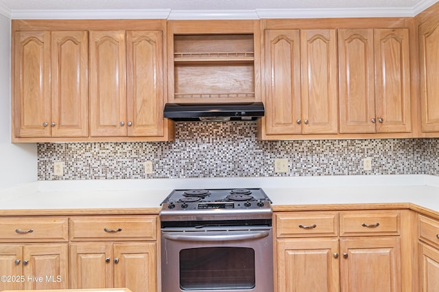 kitchen featuring ventilation hood, light brown cabinets, electric range, and backsplash