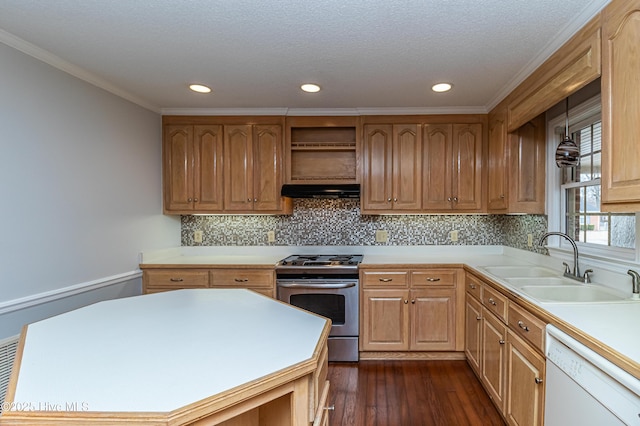 kitchen with sink, backsplash, white dishwasher, gas range, and dark wood-type flooring