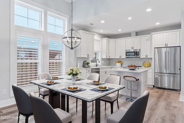 kitchen featuring light wood-style flooring, a sink, backsplash, appliances with stainless steel finishes, and light countertops