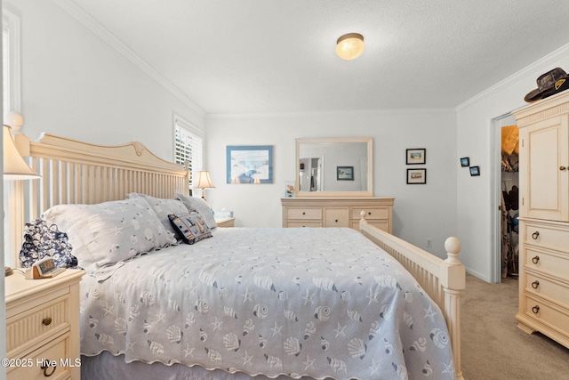 bedroom with ornamental molding and light carpet