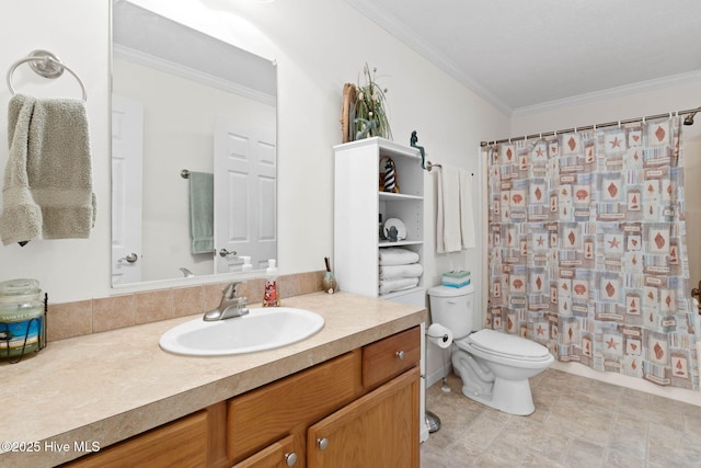 bathroom featuring vanity, crown molding, a shower with curtain, and toilet