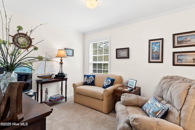 carpeted living room with ornamental molding