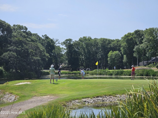 view of home's community with a lawn and a water view