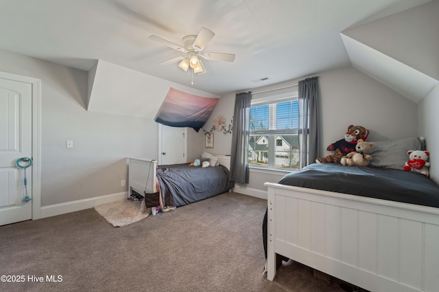 bedroom featuring ceiling fan, lofted ceiling, and carpet