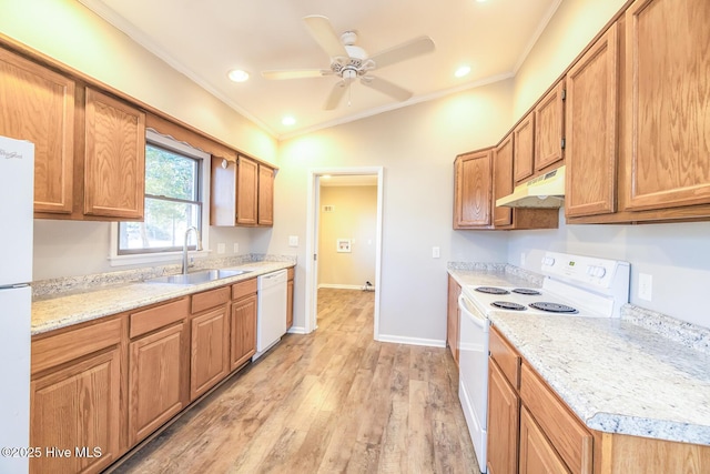 kitchen featuring sink, light wood-type flooring, ceiling fan, crown molding, and white appliances