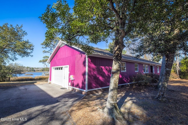 garage with a water view