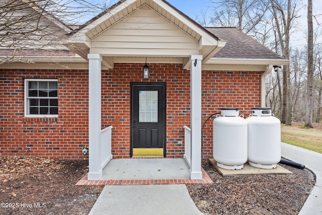 doorway to property with brick siding and a shingled roof