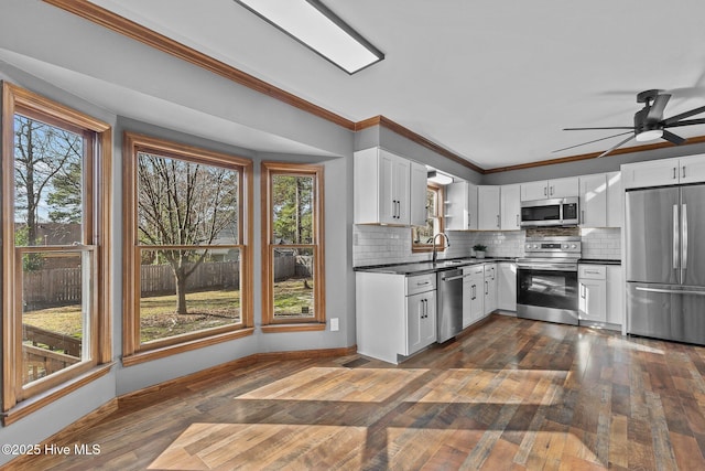 kitchen with dark countertops, tasteful backsplash, appliances with stainless steel finishes, and dark wood-style flooring