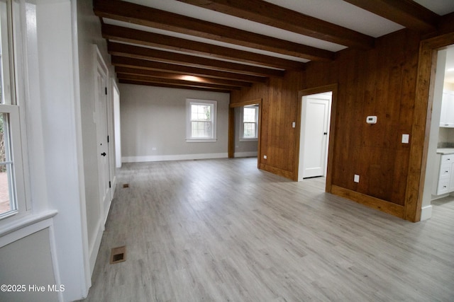 empty room featuring wooden walls, light hardwood / wood-style floors, and beamed ceiling