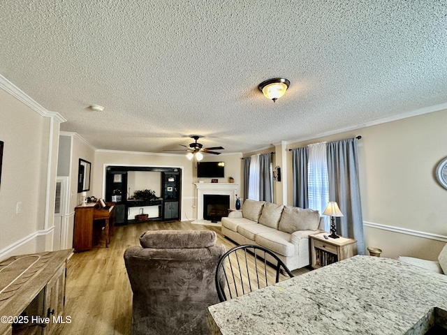 living room with a textured ceiling, ornamental molding, light hardwood / wood-style floors, and ceiling fan