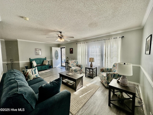 living room featuring a textured ceiling, ornamental molding, light hardwood / wood-style floors, and ceiling fan