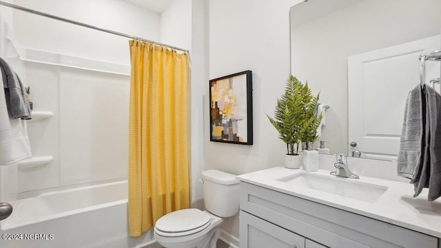 full bathroom with shower / bath combination with curtain, vanity, and toilet