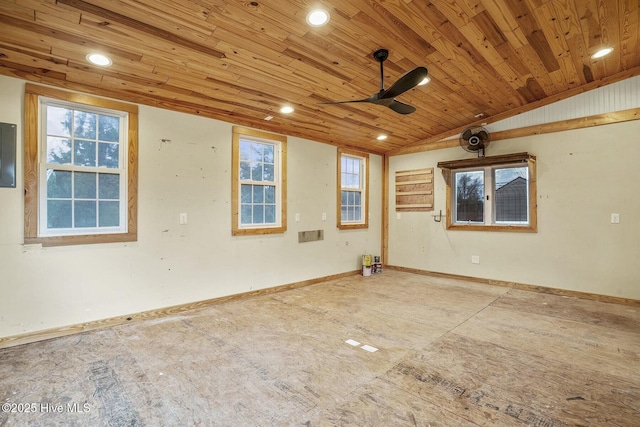 empty room with ceiling fan, a wealth of natural light, wooden ceiling, and electric panel