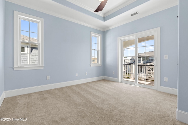 carpeted empty room featuring visible vents, a healthy amount of sunlight, a raised ceiling, and ornamental molding