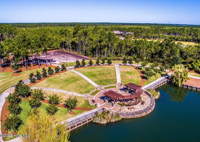 drone / aerial view with a forest view and a water view