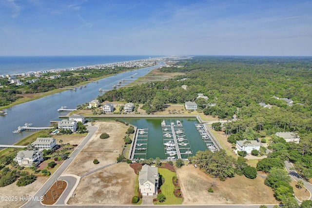 bird's eye view with a water view