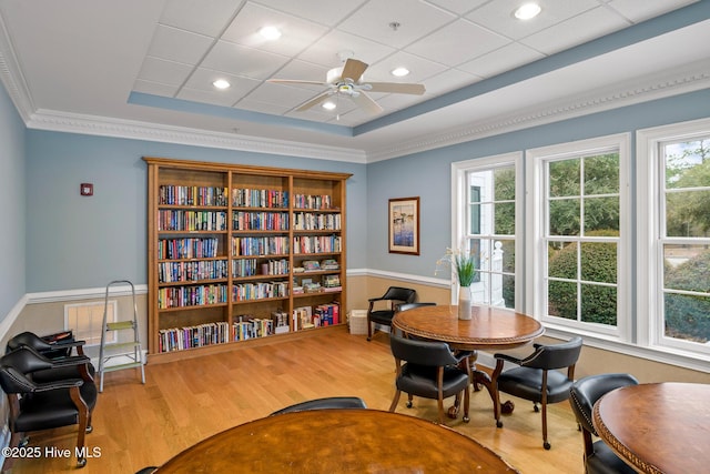 interior space with a raised ceiling, wood-type flooring, and a wealth of natural light