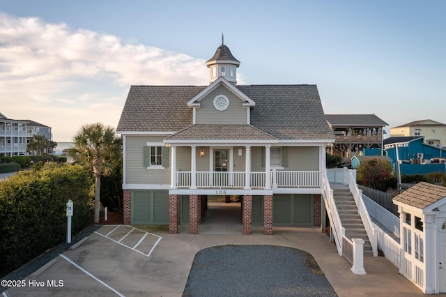 outdoor building at dusk with a garage