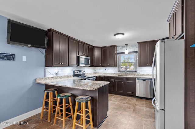 kitchen featuring dark brown cabinetry, sink, kitchen peninsula, stainless steel appliances, and backsplash