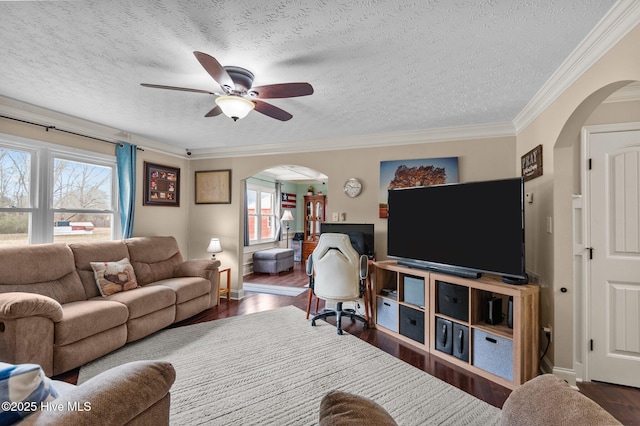 living room featuring ornamental molding, dark wood-type flooring, ceiling fan, and a textured ceiling