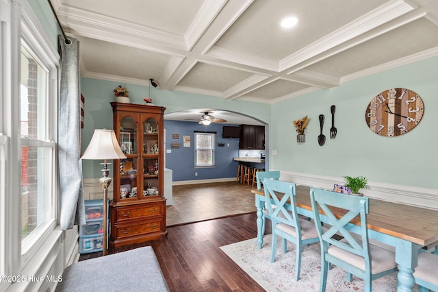 dining room with crown molding, ceiling fan, beam ceiling, dark hardwood / wood-style floors, and coffered ceiling