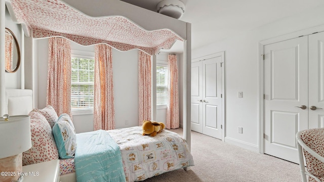 carpeted bedroom featuring multiple closets and multiple windows