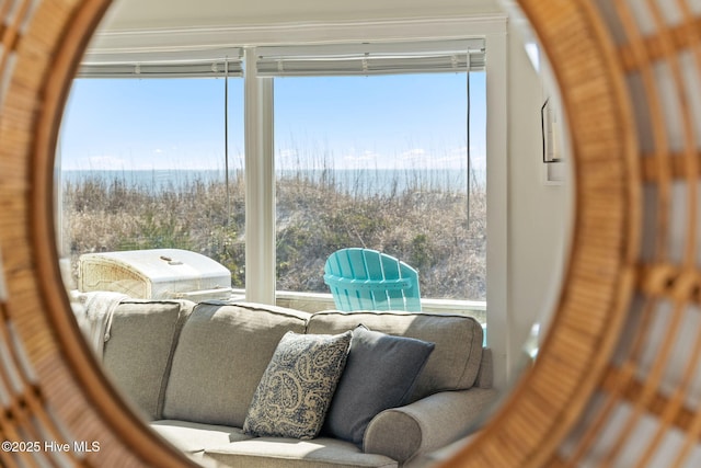 interior space featuring a forest view