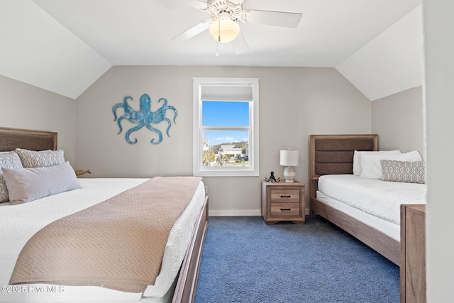 bedroom featuring lofted ceiling, carpet, baseboards, and ceiling fan