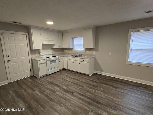 kitchen with white cabinetry, dark wood-type flooring, sink, and electric range