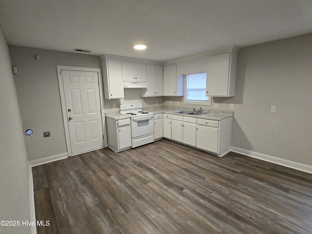 kitchen featuring white electric stove, white cabinetry, and dark hardwood / wood-style flooring