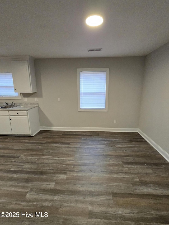 unfurnished dining area featuring a healthy amount of sunlight, sink, and dark wood-type flooring