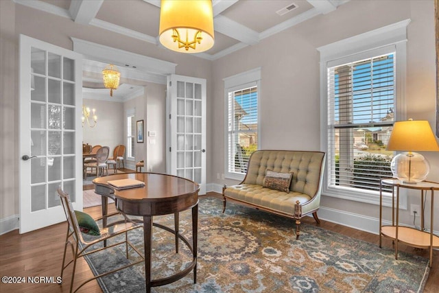 office with french doors, a notable chandelier, visible vents, wood finished floors, and coffered ceiling