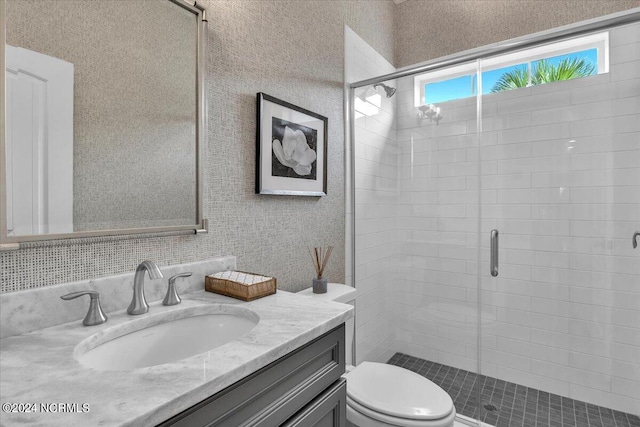 bathroom featuring toilet, a stall shower, and vanity