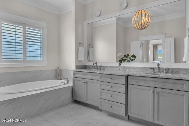 full bath featuring double vanity, a sink, a wealth of natural light, and crown molding