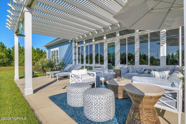 view of patio / terrace with outdoor lounge area and a pergola