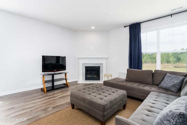 living room with hardwood / wood-style flooring and a high end fireplace