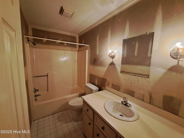 full bathroom with crown molding, shower / bathing tub combination, vanity, a textured ceiling, and tile patterned floors