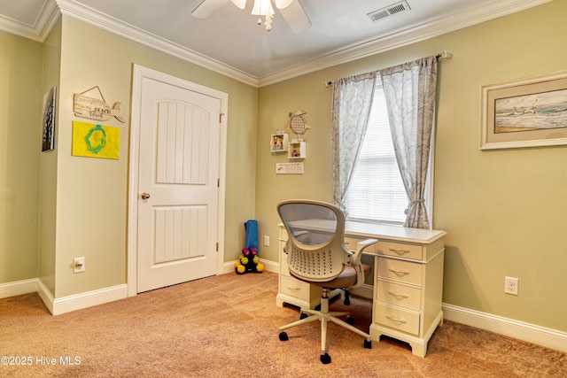 office space featuring light colored carpet, visible vents, crown molding, and baseboards