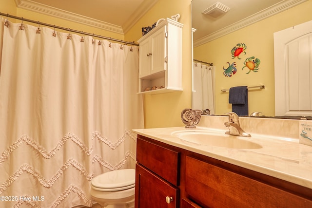 full bathroom with toilet, visible vents, crown molding, and vanity