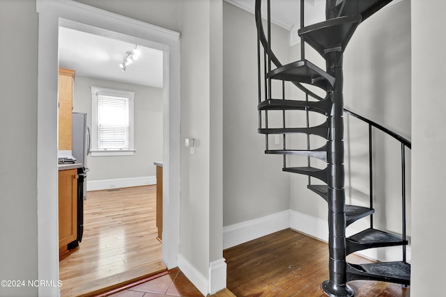 stairs with wood-type flooring