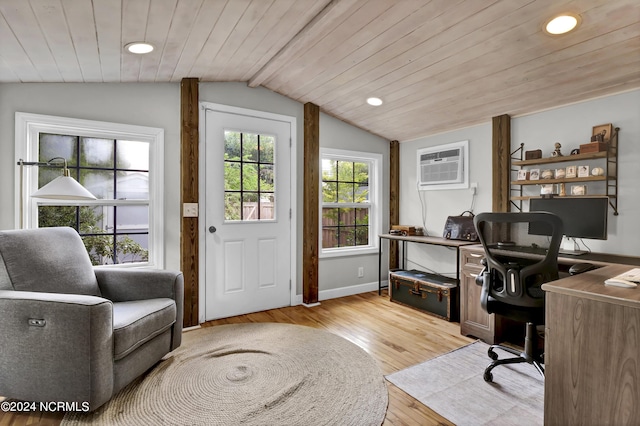 office with lofted ceiling, wood ceiling, light hardwood / wood-style flooring, and a wall mounted AC