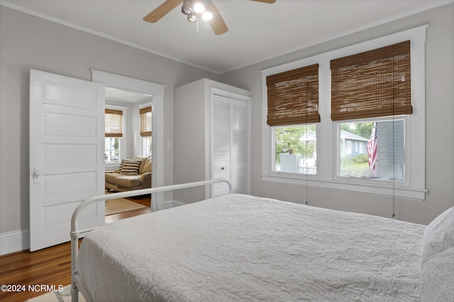 bedroom featuring crown molding, ceiling fan, wood-type flooring, and a closet