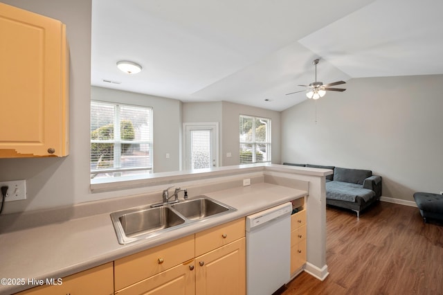 kitchen featuring white dishwasher, sink, wood-type flooring, and vaulted ceiling