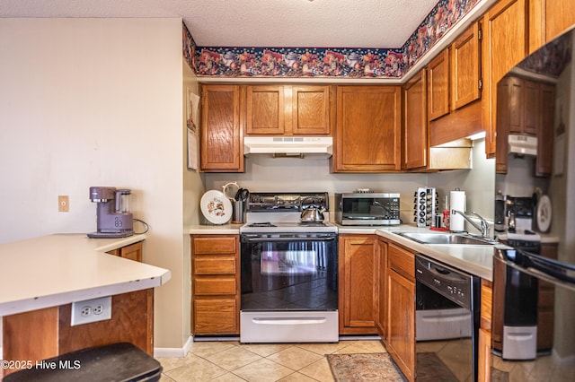 kitchen with sink, light tile patterned floors, black dishwasher, a textured ceiling, and white electric stove