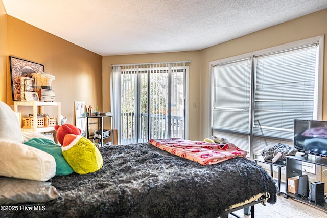 bedroom with access to exterior and a textured ceiling