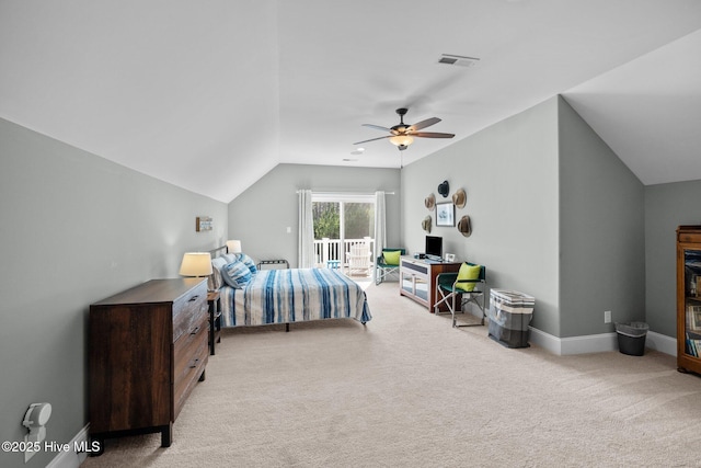 bedroom featuring lofted ceiling, light carpet, access to exterior, and ceiling fan