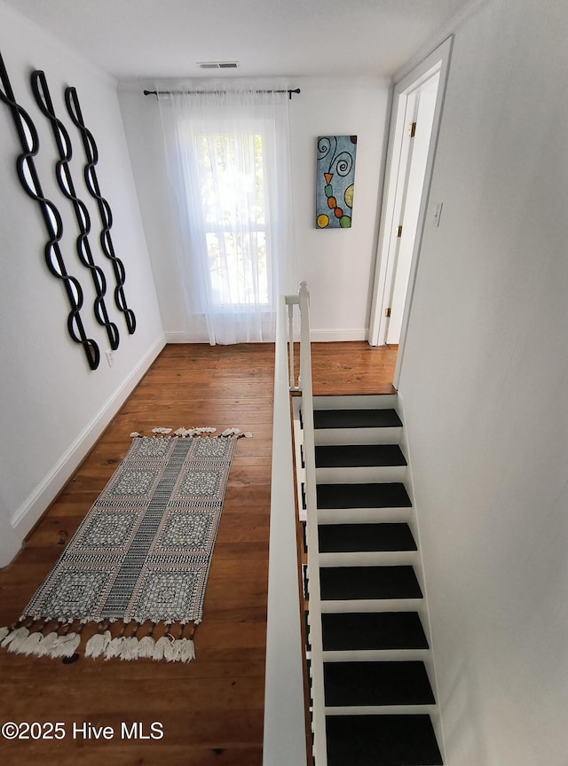 staircase with hardwood / wood-style floors