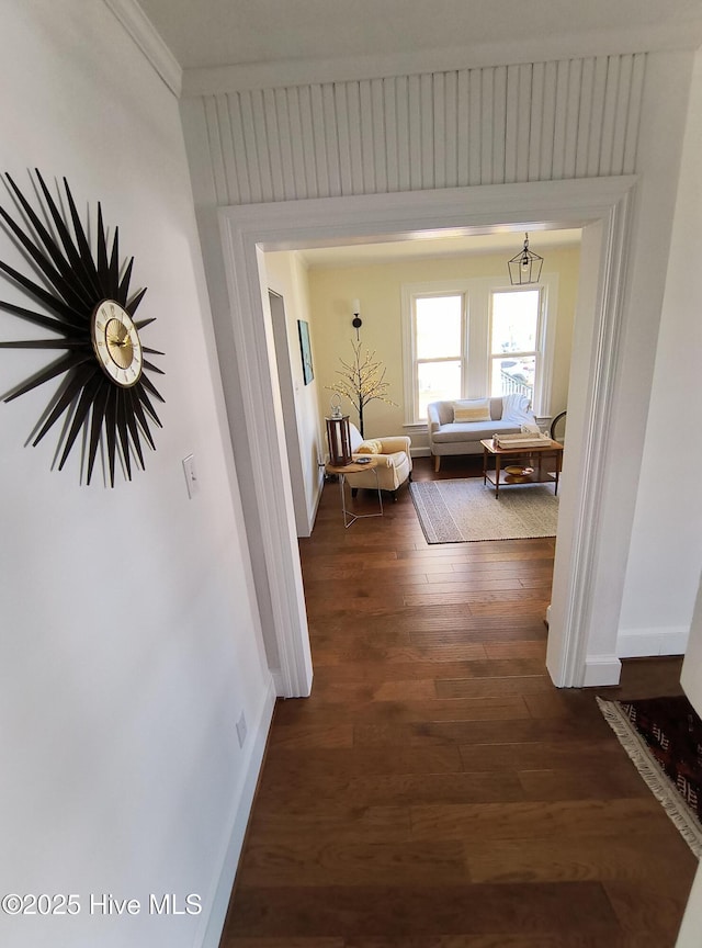 hall with ornamental molding and dark hardwood / wood-style flooring